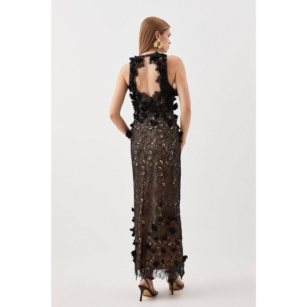NWT Karen Millen Black Lace Floral Appliqué Midi Dress Open Back Slit US 6 - Picture 4 of 13